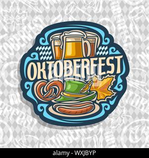 Vector logo for Oktoberfest on grey rhombus pattern: lager beer in 3 glass mugs, lettering - oktoberfest, pretzel and green tyrolean hat for fest, aut Stock Vector