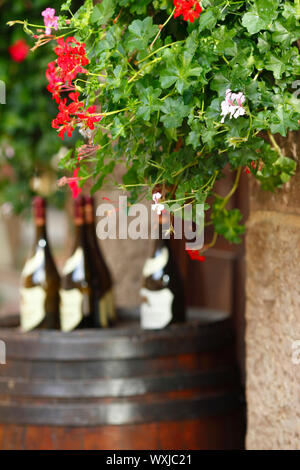 Wine bottles on wodden barrel, winemaking concept Stock Photo