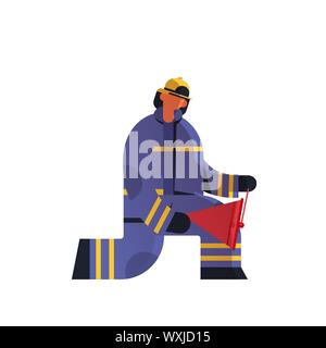 brave fireman using red buckets extinguishing fire firefighter wearing uniform and helmet firefighting emergency service concept flat white background Stock Vector