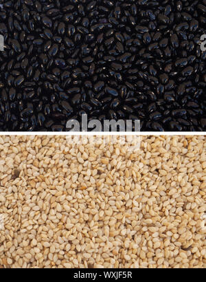 A composition of Black Beans at the top and Sesame Seeds at the bottom Stock Photo