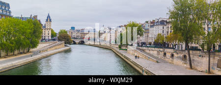 PARIS, FRANCE - 02 OCTOBER 2018: Panorama of Seine river captured from one of the numerous bridges Stock Photo