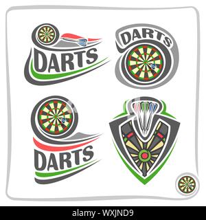 Vector set of icons for Darts game: thrown arrow in bullseye of dartboard, 4 abstract logo with text - darts, isolated on white. Stock Vector