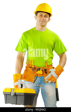 worker holding toolbox Stock Photo
