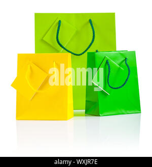 three colored paper bags isolated on white Stock Photo