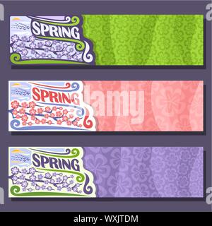 Vector set of horizontal banners for spring season: flock of birds flying in sunrise sky, lilac floral background, springtime header with text - sprin Stock Vector