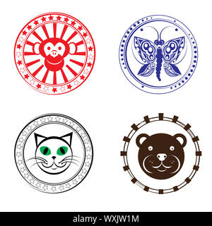 Baby animal head stamps collection, decorative seals isolated on white Stock Photo