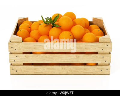 Fresh, newly harvested oranges inside wooden crate. 3D illustration. Stock Photo