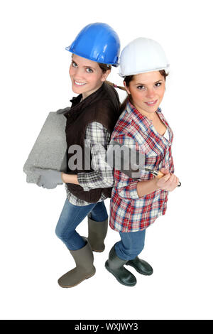 Two female bricklayers Stock Photo