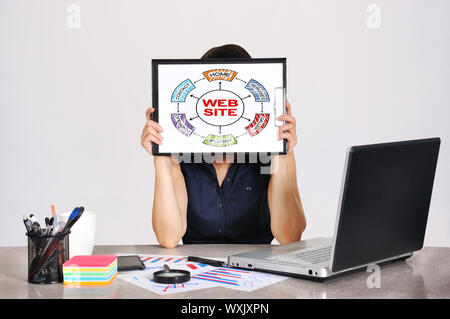 businesswoman holding clipboard with drawing  web site scheme Stock Photo