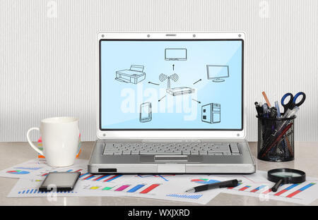 scheme computer network  on screen laptop in office Stock Photo