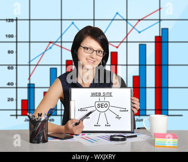 businesswoman and clipboard with seo scheme  sitting in office Stock Photo