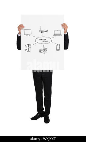 businessman in tuxedo holding poster with computer network Stock Photo