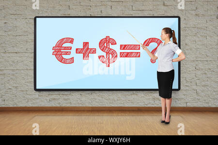 businesswoman in office pointing at business formula on plasma Stock Photo