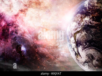Artist rendition of Earth and galaxy at creation (Collage images from www.nasa.gov.) Stock Photo