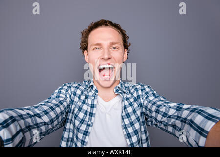 Self-portrait of stylish trendy nice attractive handsome cheerfu Stock Photo