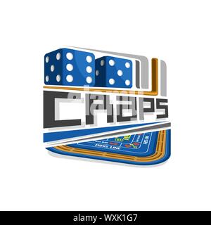 Vector logo for Craps gamble: pair of blue dice cubes with combination five and six, text - craps above playing table for gambling game. Stock Vector