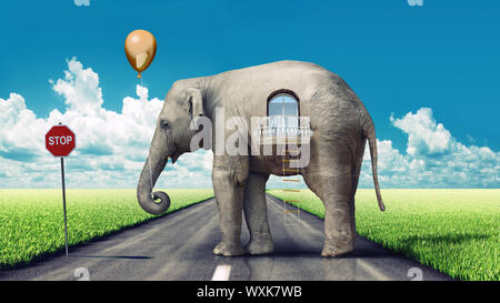 elephant as a house on the road. concept (photo and hand-drawing elements combined). Stock Photo