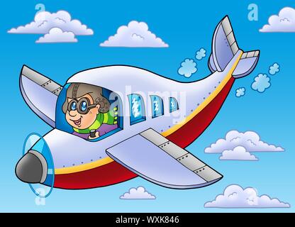 Cartoon aviator on blue sky - color illustration. Stock Photo