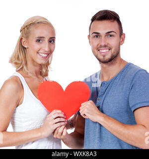 happy young couple in love with red heart valentines day Stock Photo