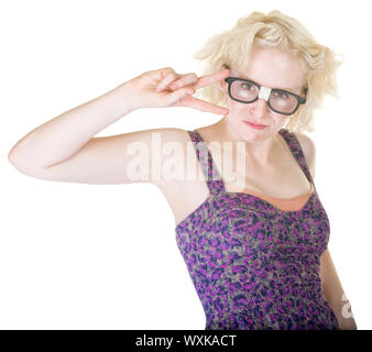 Beautiful Caucasian female in damaged eyeglasses with peace sign Stock Photo