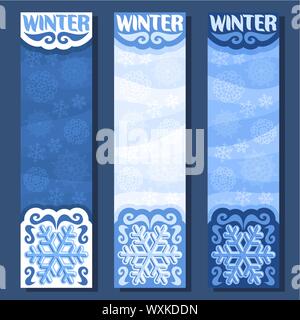 Vector set of vertical banners for Winter season: 3 blue layouts with Snowflakes background, snowy xmas templates with text - winter. Stock Vector