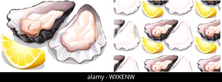 Seamless oysten and lemon on white illustration Stock Vector