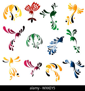 Design elements, stylized birds over white Stock Photo