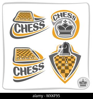 Vector set of icons for Chess game: piece of queen crown, 4 abstract logo with text - chess, isolated on white. Stock Vector