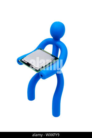 Blue rubber man keeps the processor isolated on white background Stock Photo