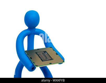 Blue rubber man keeps the processor isolated on white background Stock Photo