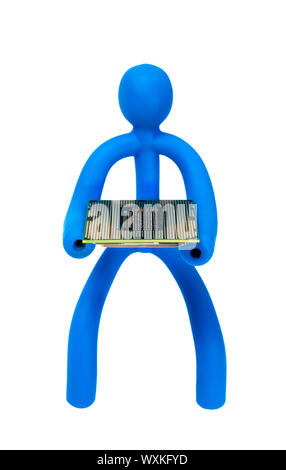 Blue rubber man keeps the processor isolated on white background Stock Photo