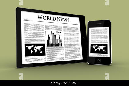 Digital tablet and smartphone showing the news on green background Stock Photo