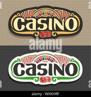 Vector logo for Casino club on geometric background: roulette wheel, lettering - casino, 3 playing cards with red back for blackjack, pair dice for cr Stock Vector