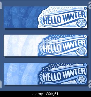 Vector horizontal of banners for Winter season: blue snowflakes background, 3 flyers for christmas holiday. Stock Vector