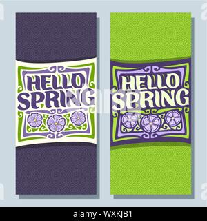Vector vertical banners for Spring season: 2 layouts with green background, templates with lettering in frame - hello spring, springtime flyers with 3 Stock Vector