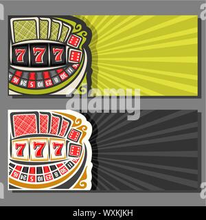 Vector banners for Gambling games: 2 layouts with roulette wheel, poker playing cards, red dice for craps, lucky gamble symbol 777, flyer for casino w Stock Vector