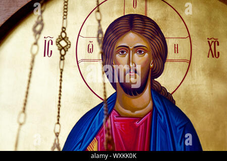 Icon of the Christ Pantocrator (Christ 'Almighty' or 'All-powerful' or 'Ruler of All' or 'Sustainer of the World'). Convent of the Holy Trinity Stock Photo