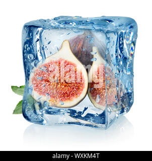 Sliced figs in ice cube isolated on a white background Stock Photo
