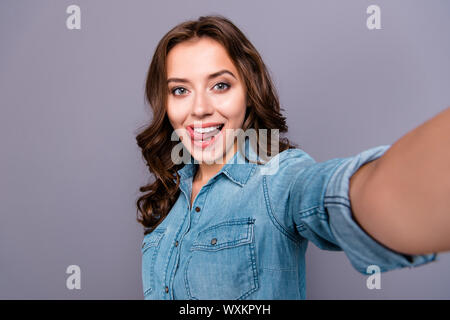 Self-portrait of nice cute stylish flirty cheerful lovely attrac Stock Photo