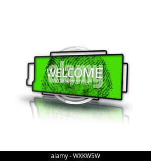 Green screen with fingerprint granting access on white background Stock Photo