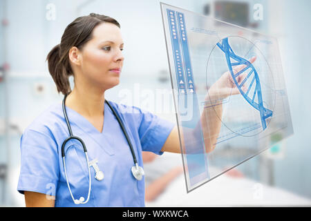 Nurse touching screen displaying blue DNA helix in hospital ward Stock Photo
