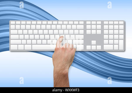 Hand pressing key on blank keyboard on blue wave background Stock Photo