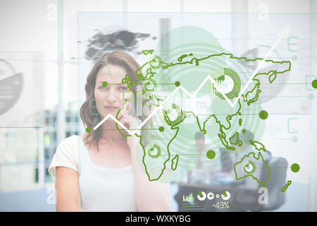 Blonde businesswoman using green map interface with growing curve Stock Photo