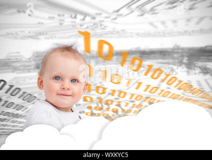 Portrait of a cute baby over clouds and futuristic background showing binary codes Stock Photo