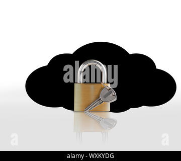 Padlock and key against black cloud on white background Stock Photo
