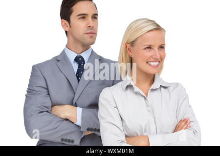 Colleagues looking at the same way on white background Stock Photo