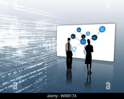 Silhouettes in front of molecular screen on a reflective surface Stock Photo