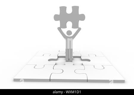 Human representation holding jigsaw piece over unfinished puzzle on white background Stock Photo
