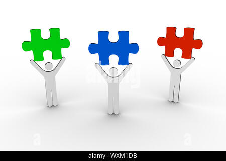 Human figures brandishing colorful jigsaw pieces on white background Stock Photo