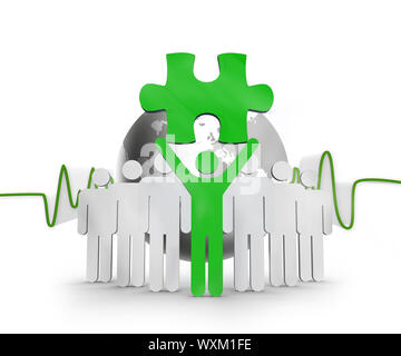 Green character holding green jigsaw piece in front of white characters and earth Stock Photo